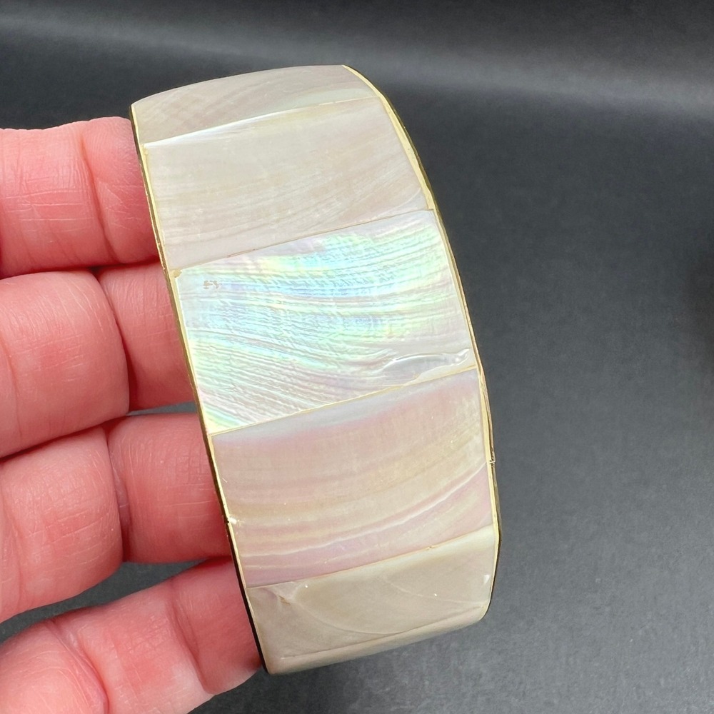 Vintage Bangle Bracelet Mother of Pearl Shell Inlay White Iridescent